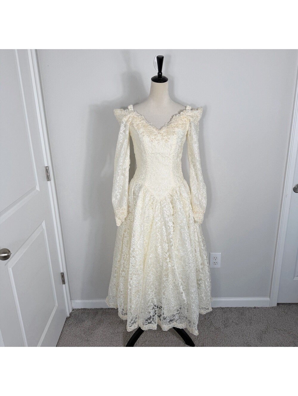 Vintage 70s Sequin Beaded Lace Off Shoulder Wedding Dress Victorian Prairie 10